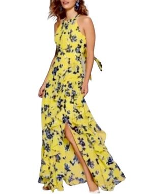 Eliza J Halter Ruffle Maxi Dress Yellow w/ Blue Floral Print Gown Sz 6